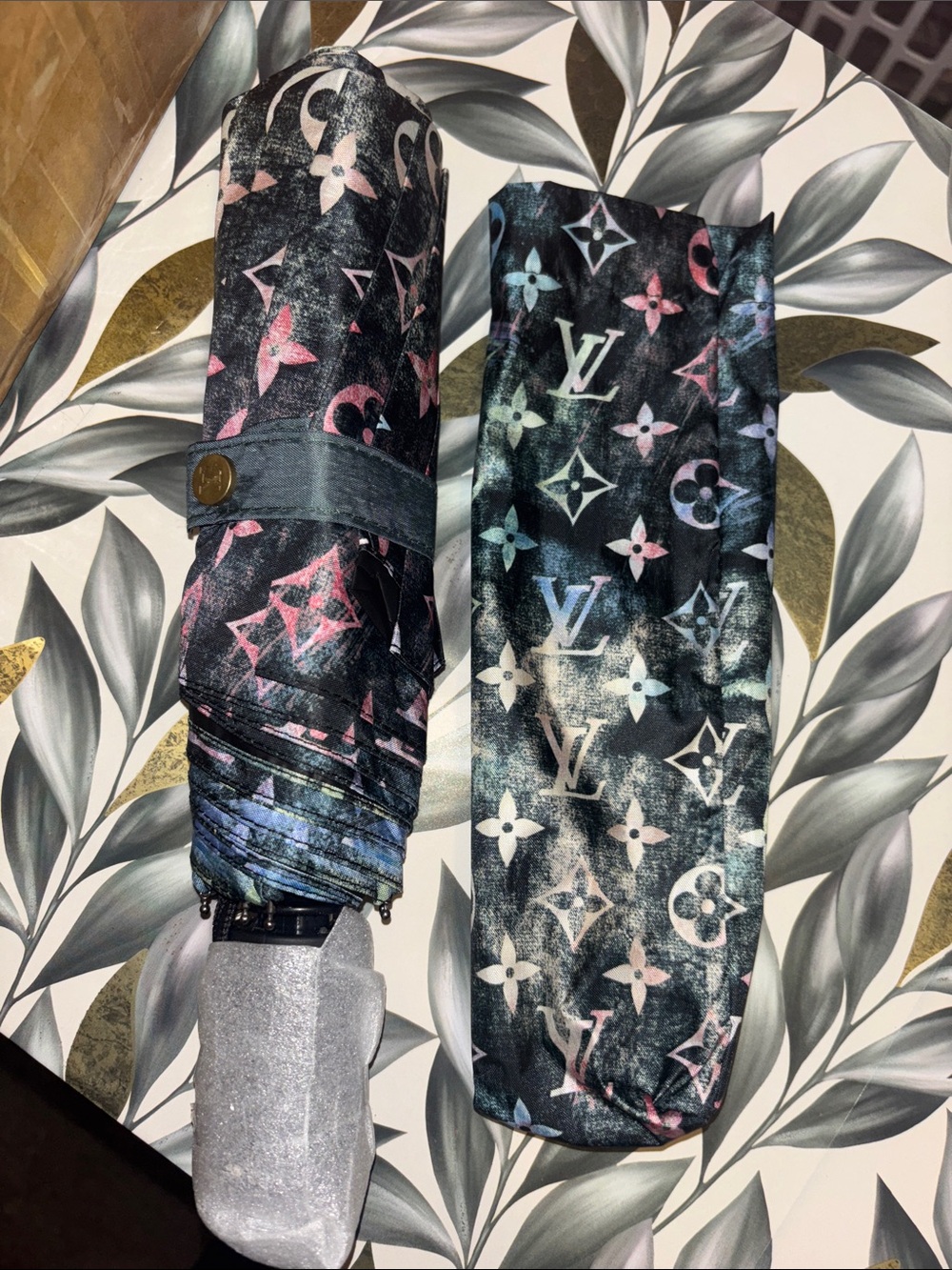 Louis Vuitton Black Umbrella with Pastel Pink and Blue Monogram